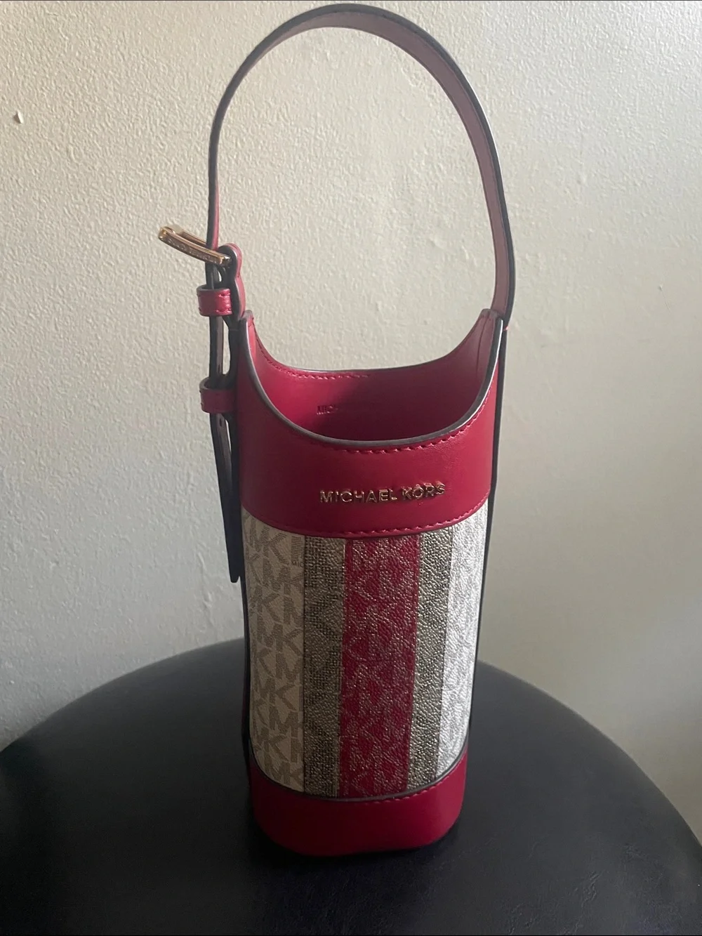 Michael Kors Red Trim Signature Stripe Mini Bucket Bag. Fits most wine bottles.